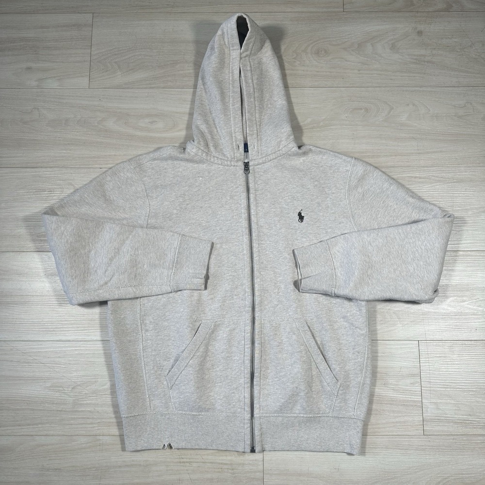 Polo Ralph Lauren Beige Fleece Full Zip Hoodie Logo Pockets Men's Size Large